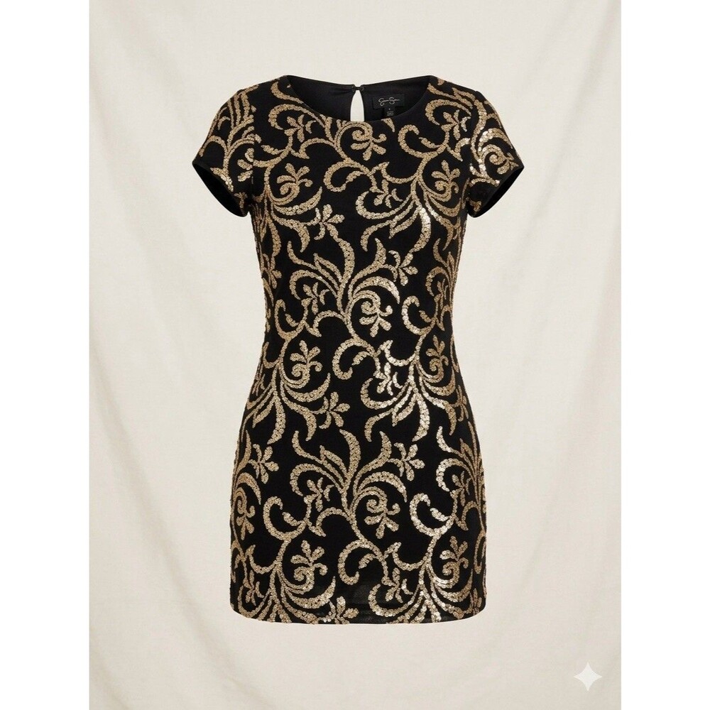 Jessica Simpson Sequin Dress 4 Black Gold Scroll Embroidered Mini Cocktail Party